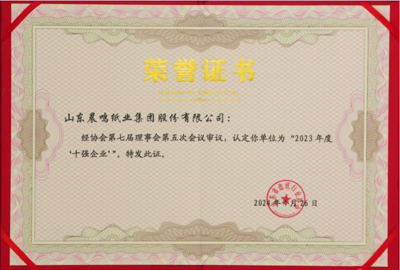 晨鳴集團(tuán)獲評2023年度山東省造紙行業(yè)“十強(qiáng)企業(yè)”